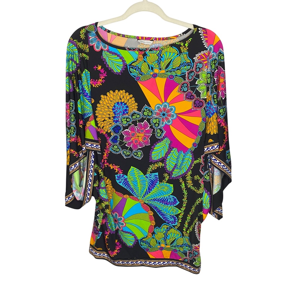 Trina Turk Women XS Tunic Top Psychedelic Floral Split Kaftan Sleeve Black Multi